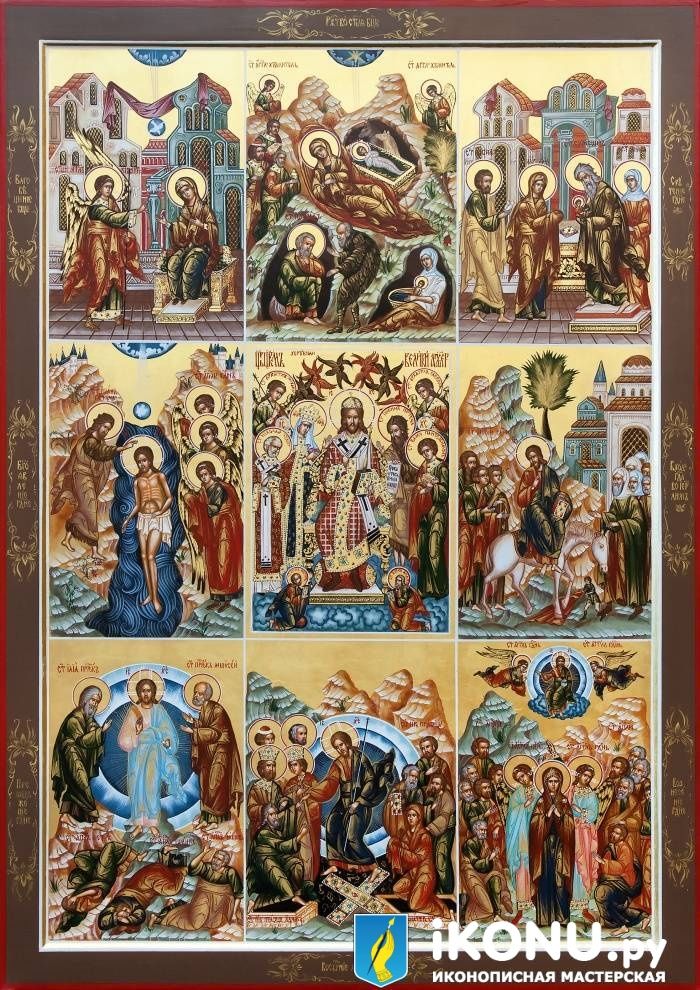 Икона Спасителя с праздниками (авторская копия), на золоте (образ №325516)