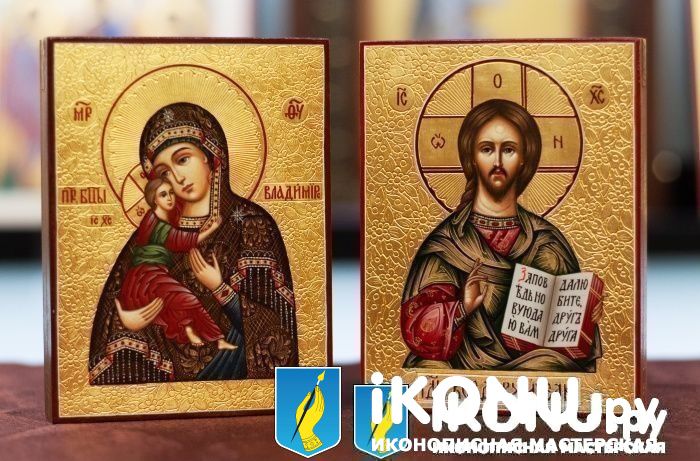 Венчальная пара Владимирская икона Божией Матери и Господь Вседержитель (на золоте с резьбой, миниатюра) (образ №338028)