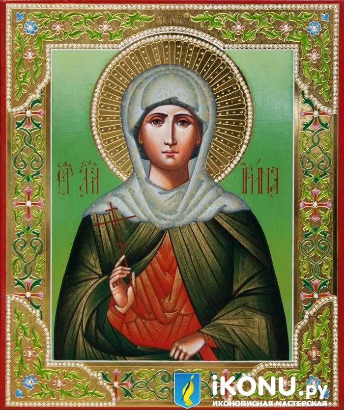 Икона Святой мученицы Ирины (именная, на золоте с резьбой, холодные эмали) (образ №325372)