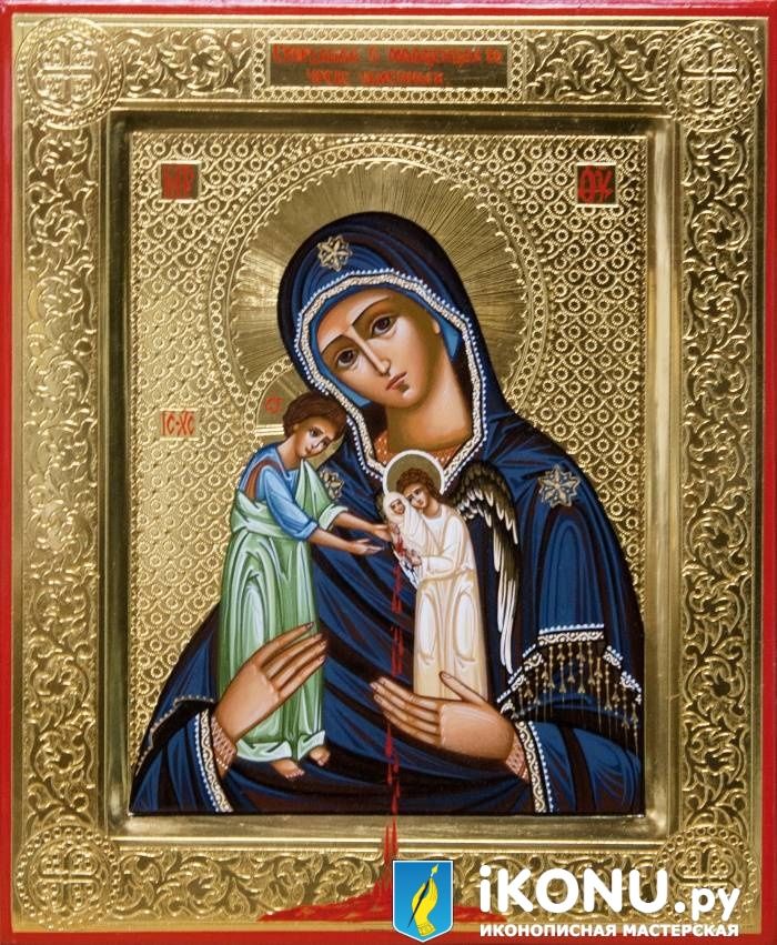 Икона Божией Матери Скорбящая о младенцах, во чреве убиенных (золото с резьбой) (образ №329900)