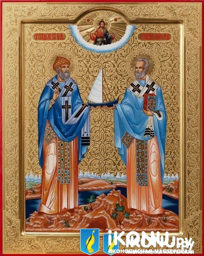 Икона Святые Спиридон Тримифунтский и Николай Чудотворец (на золоте с резьбой) (образ №339675)
