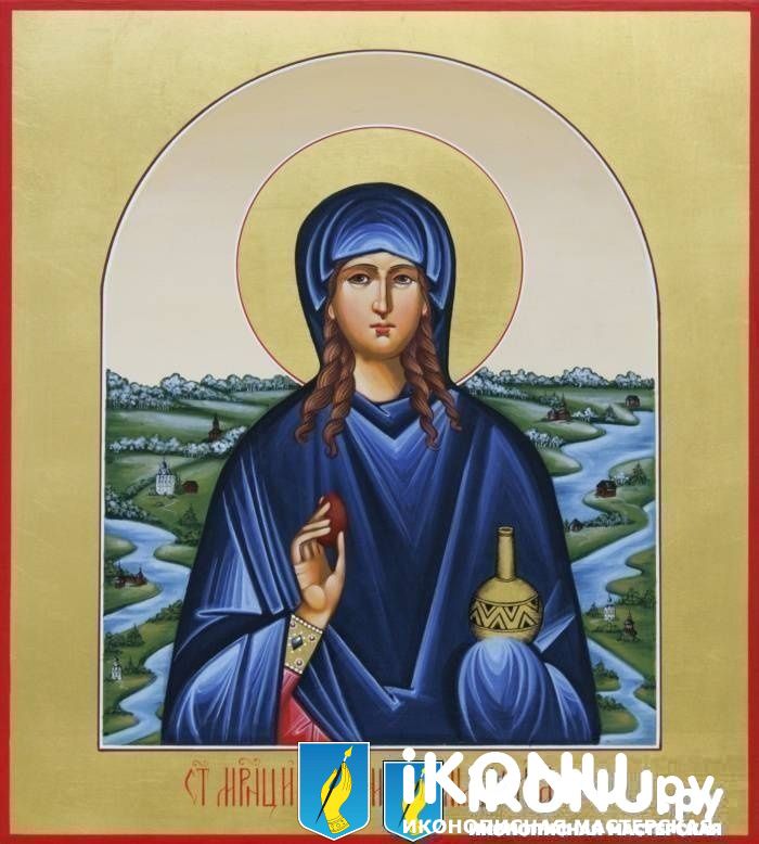 Икона Святой Марии Магдалины (именная, живописная, с золотыми полями и расписной землей) (образ №324757)